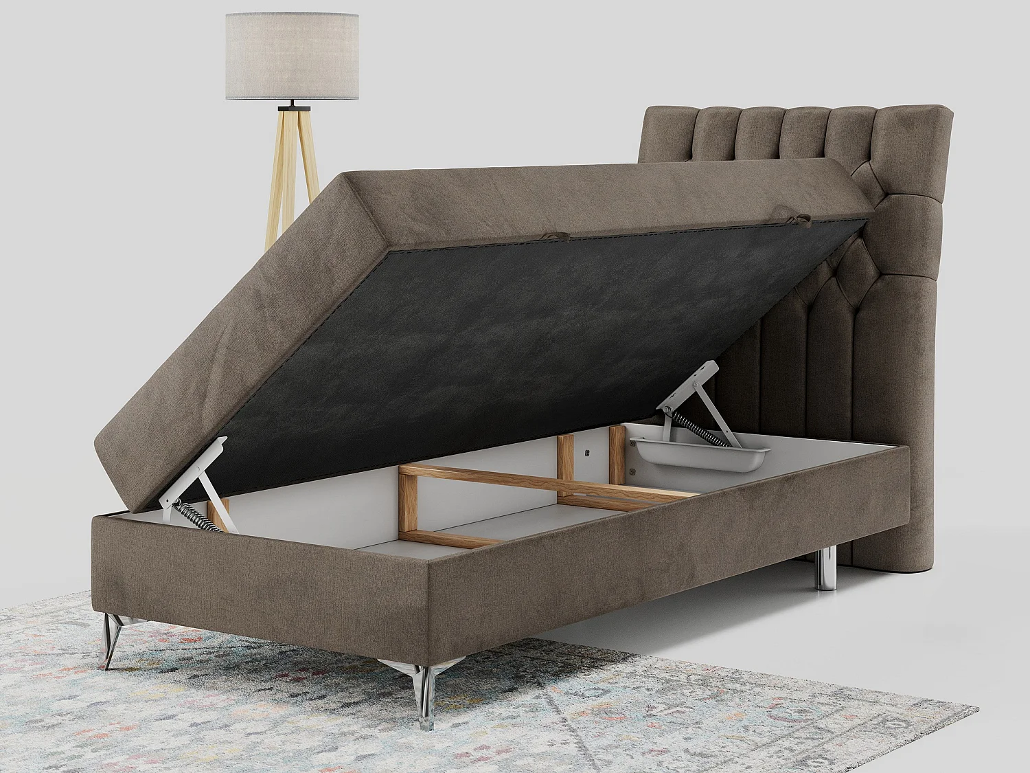 Boxspringbett MILEN - Polsterbett auf Metallbeine, Set mit Multipocket-Matratze, Gesteppte Kopfstütze - 90x200 cm - H3 - Braun Velvet - Rechts Seite