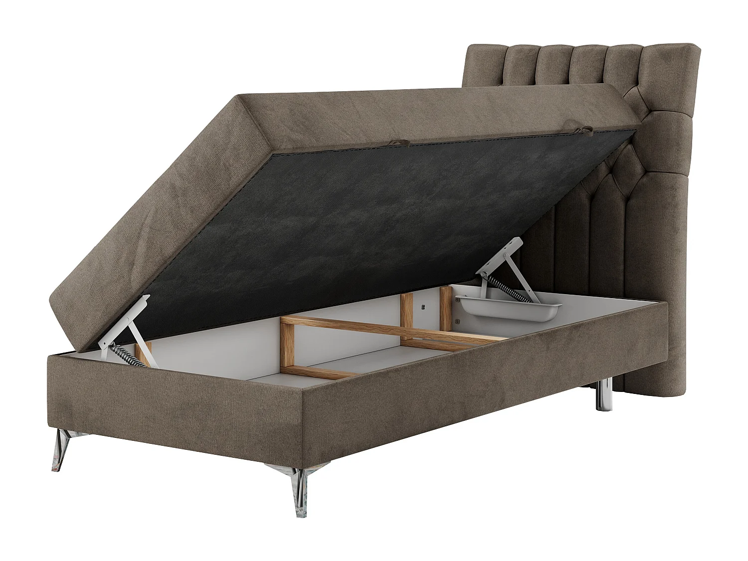 Boxspringbett MILEN - Polsterbett auf Metallbeine, Set mit Multipocket-Matratze, Gesteppte Kopfstütze - 90x200 cm - H3 - Braun Velvet - Rechts Seite