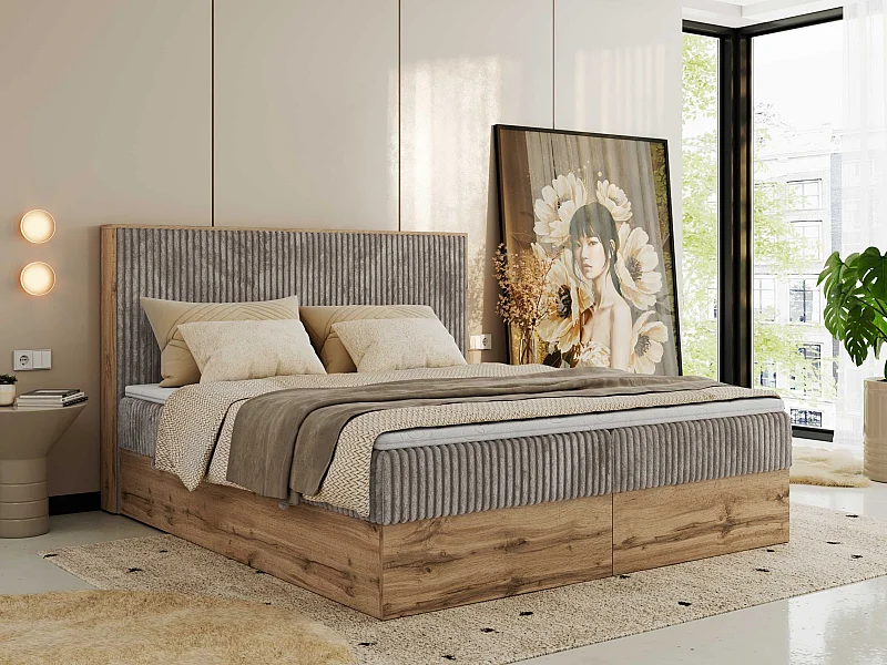 Boxspringbett WOOD CLASSIC - Doppelbett für Schlafzimmer, Set mit Multipocket-Matratze, Holzrahmen - 200x200 cm - H3 - Hellbraun Cord