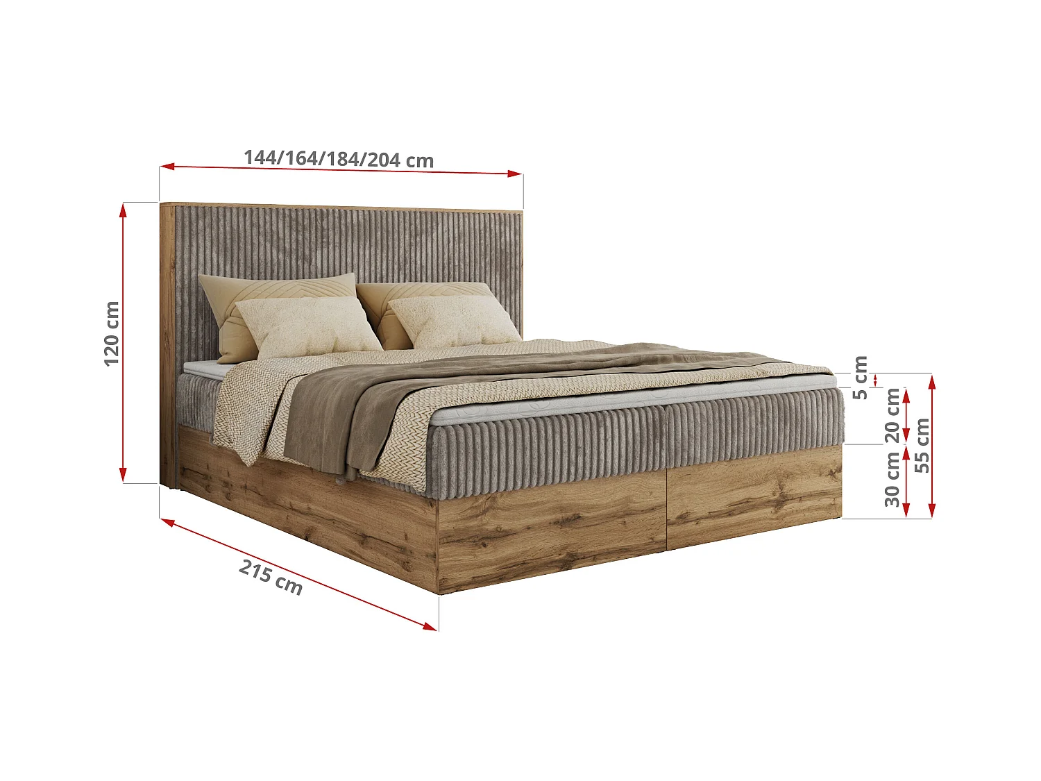 Boxspringbett WOOD CLASSIC - Doppelbett für Schlafzimmer, Set mit Multipocket-Matratze, Holzrahmen - 200x200 cm - H3 - Hellbraun Cord