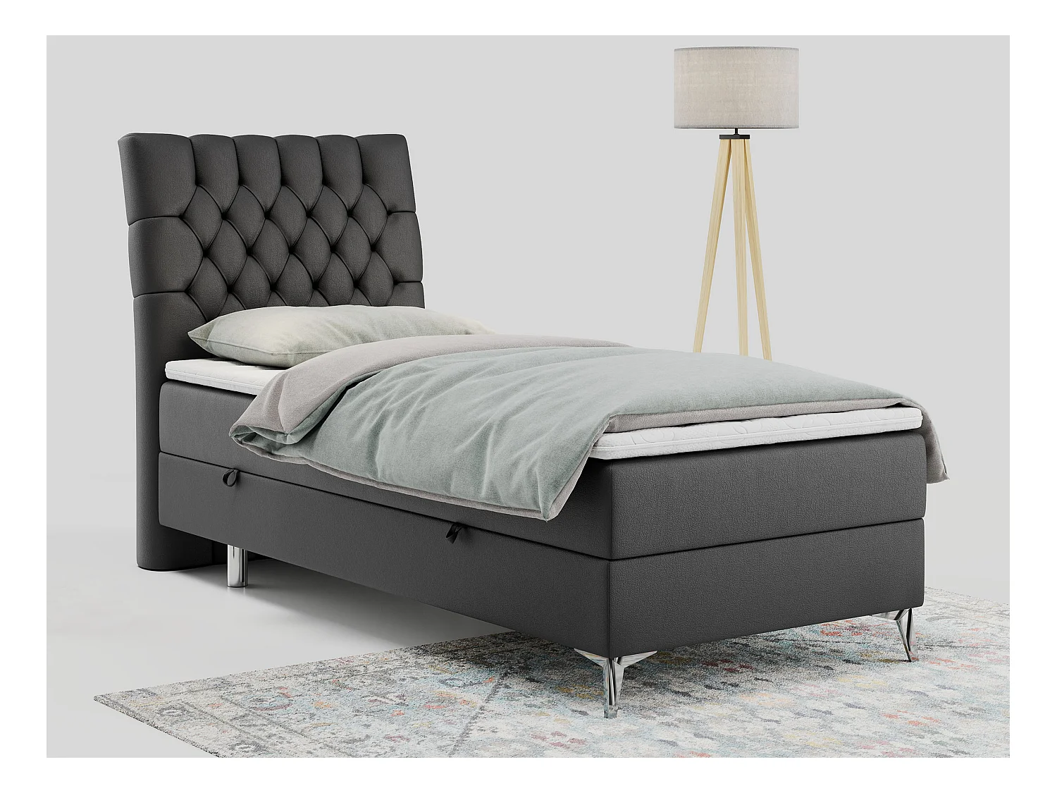 Boxspringbett MILEN - Polsterbett auf Metallbeine, Set mit Multipocket-Matratze, Gesteppte Kopfstütze - 90x200 cm - H4 - Dunkelgrau Kunstleder - Links Seite