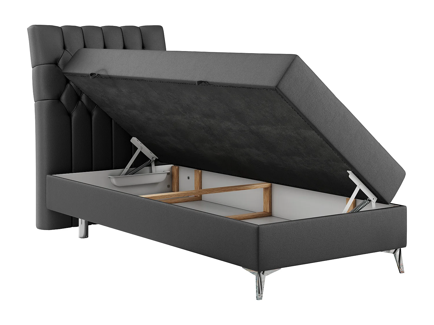Boxspringbett MILEN - Polsterbett auf Metallbeine, Set mit Multipocket-Matratze, Gesteppte Kopfstütze - 90x200 cm - H4 - Dunkelgrau Kunstleder - Links Seite