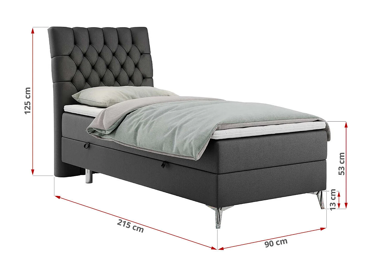 Boxspringbett MILEN - Polsterbett auf Metallbeine, Set mit Multipocket-Matratze, Gesteppte Kopfstütze - 90x200 cm - H4 - Dunkelgrau Kunstleder - Links Seite