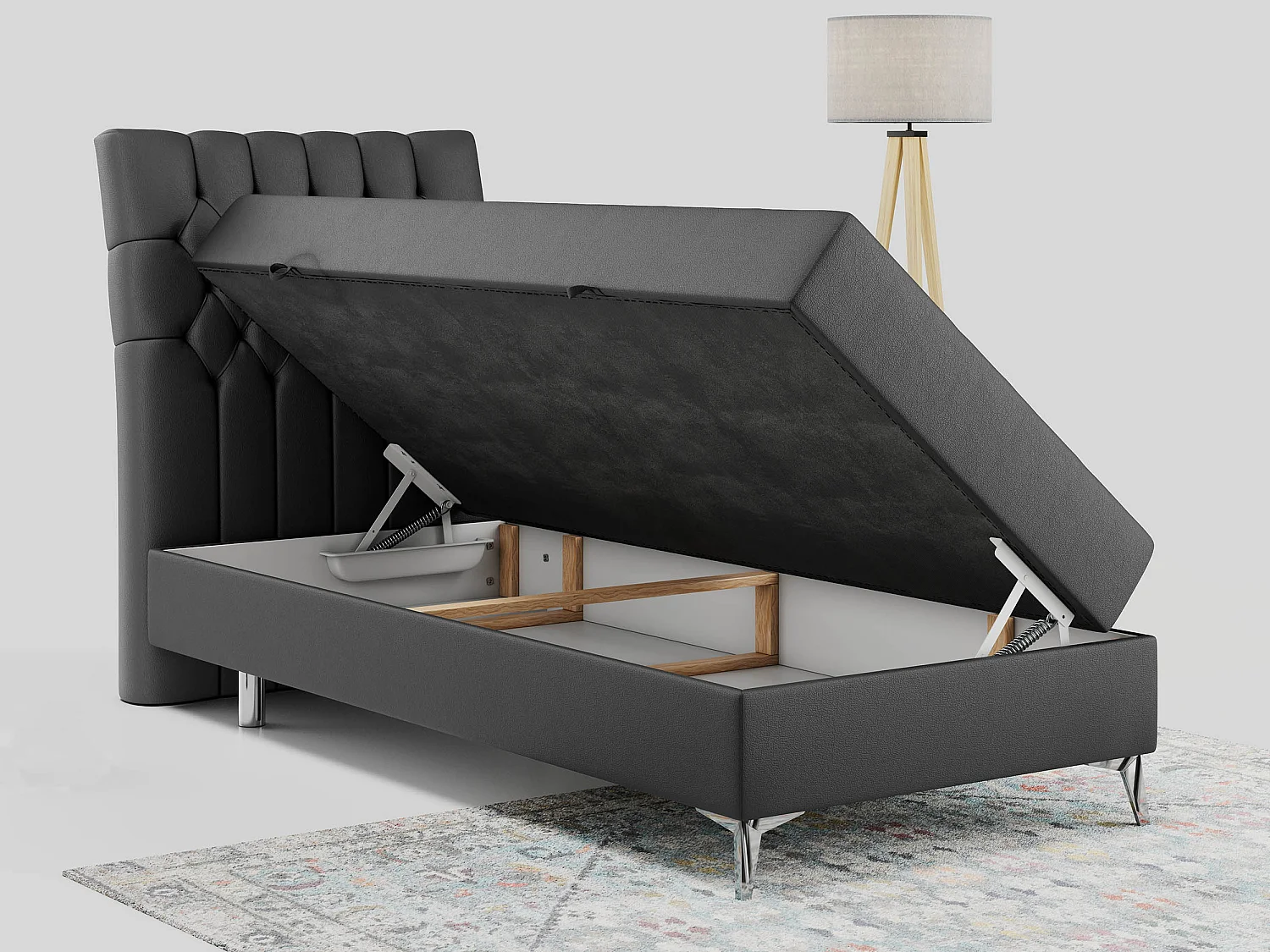 Boxspringbett MILEN - Polsterbett auf Metallbeine, Set mit Multipocket-Matratze, Gesteppte Kopfstütze - 90x200 cm - H4 - Dunkelgrau Kunstleder - Links Seite