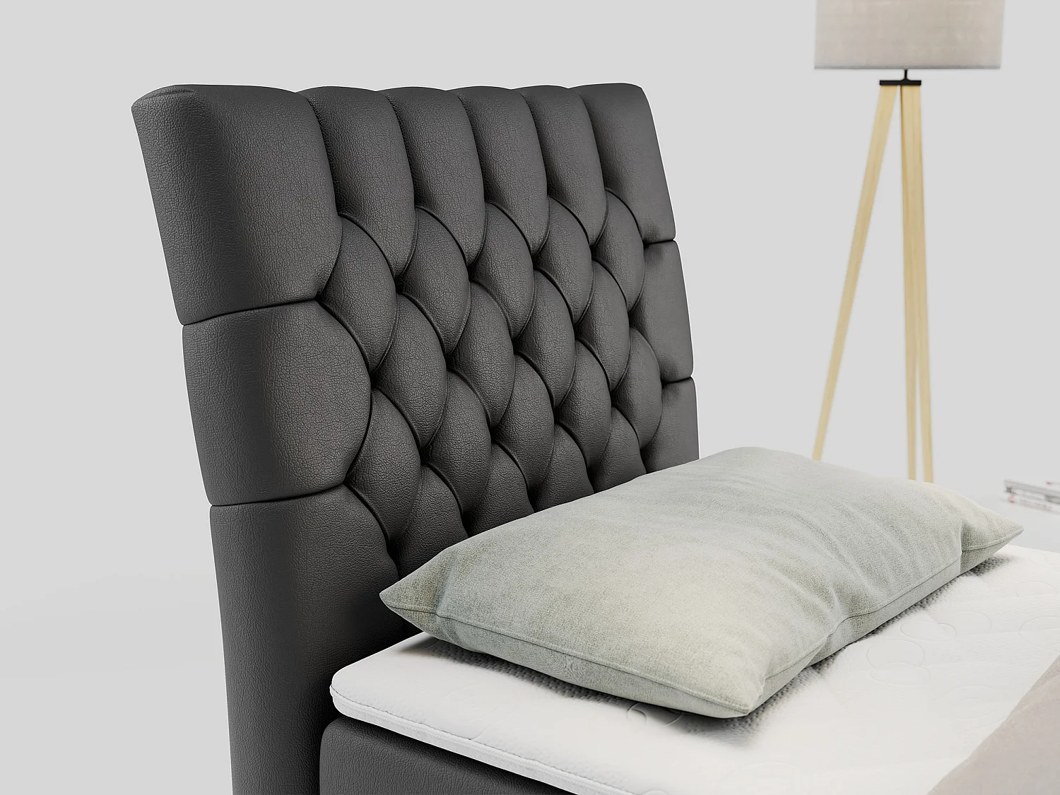 Boxspringbett MILEN - Polsterbett auf Metallbeine, Set mit Multipocket-Matratze, Gesteppte Kopfstütze - 90x200 cm - H4 - Dunkelgrau Kunstleder - Links Seite