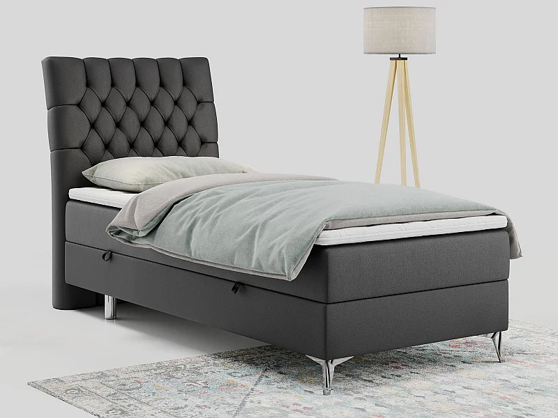 Boxspringbett MILEN - Polsterbett auf Metallbeine, Set mit Multipocket-Matratze, Gesteppte Kopfstütze - 90x200 cm - H4 - Dunkelgrau Kunstleder - Links Seite