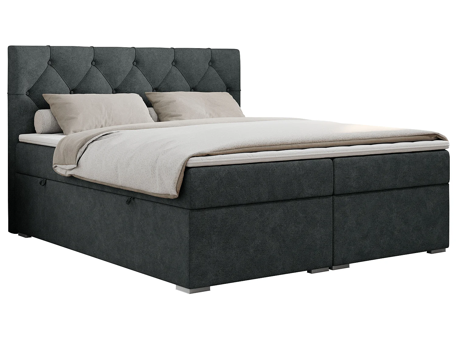 Lit boxspring avec 2 coffres - 2 matelas fermes + surmatelas mousse - Gris foncé Tissu texturé - 180x200 - ROMA