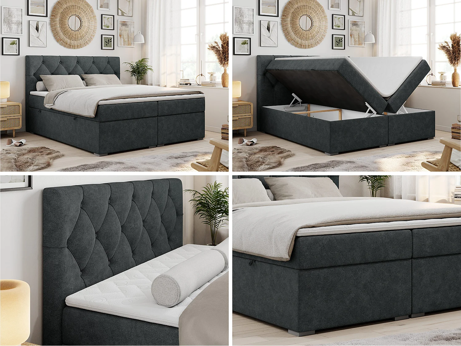 Lit boxspring avec 2 coffres - 2 matelas fermes + surmatelas mousse - Gris foncé Tissu texturé - 180x200 - ROMA