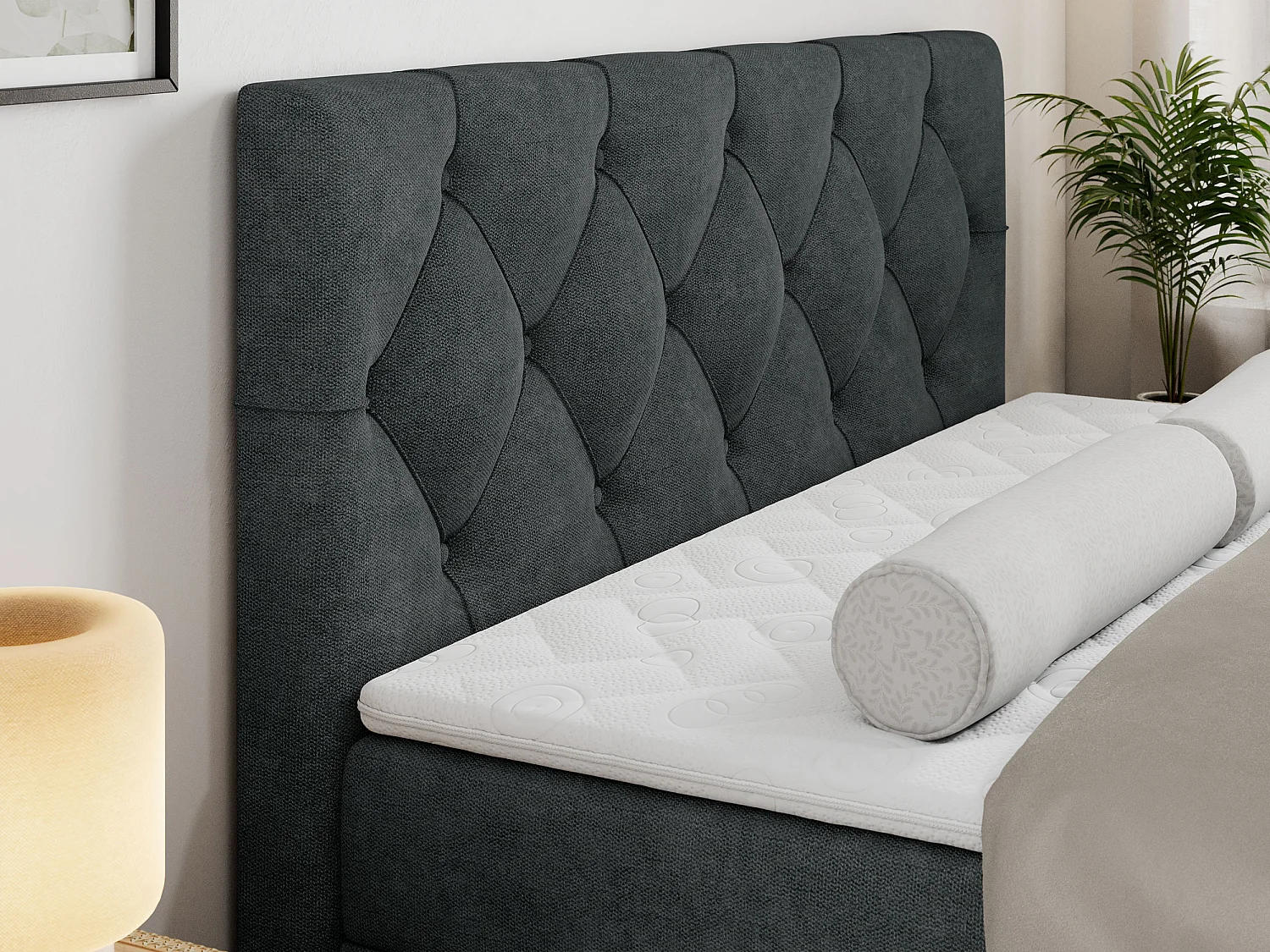 Lit boxspring avec 2 coffres - 2 matelas fermes + surmatelas mousse - Gris foncé Tissu texturé - 180x200 - ROMA