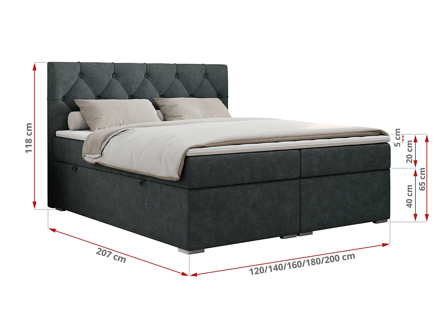 Lit boxspring avec 2 coffres - 2 matelas fermes + surmatelas mousse - Gris foncé Tissu texturé - 180x200 - ROMA