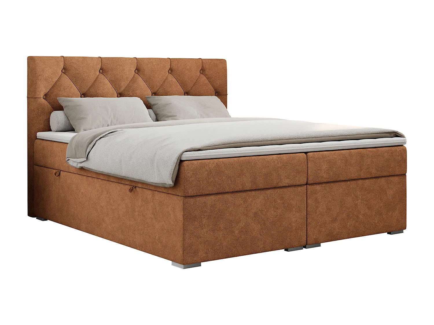 Boxspringbett ALDA - Doppelbett mit gestepptem Kopfteil, Multipocket-Matratze und Topper, zwei Bettkästen - 200x200 cm - H4 - Orange Strukture