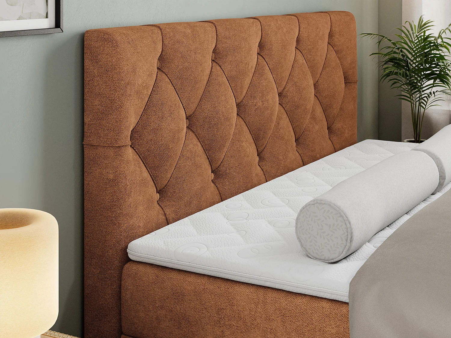 Boxspringbett ALDA - Doppelbett mit gestepptem Kopfteil, Multipocket-Matratze und Topper, zwei Bettkästen - 200x200 cm - H4 - Orange Strukture