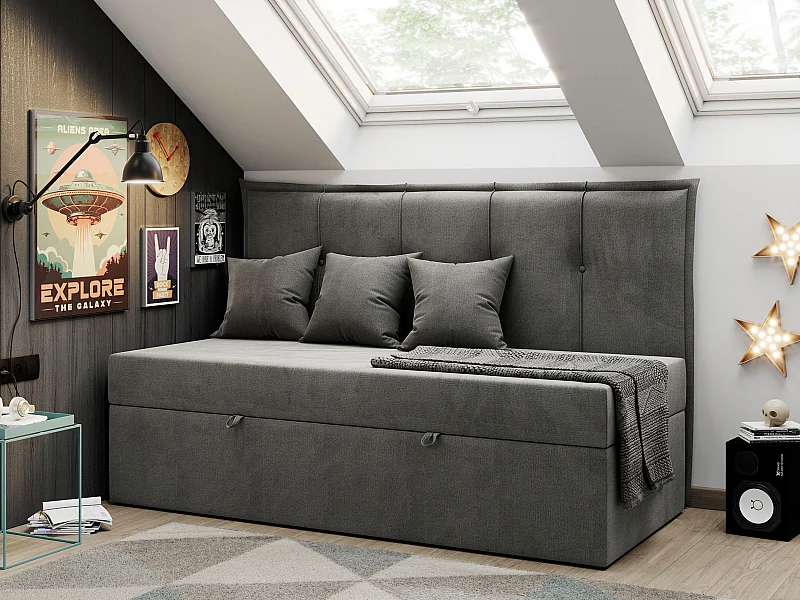 Kinderbett BANCO - Einzelbett für Jugendliche, Set mit Kopfteil und Matratze, Boxspringbett, Bettkasten - 90x200 cm - Dunkelgrau Velvet