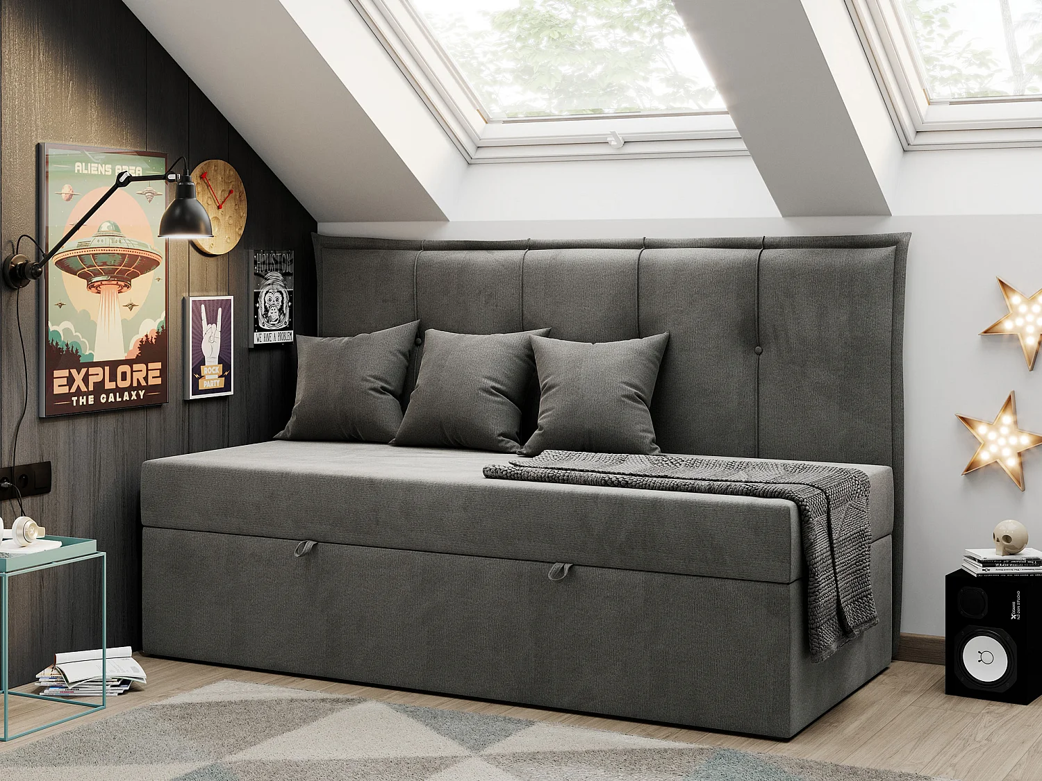 Kinderbett BANCO - Einzelbett für Jugendliche, Set mit Kopfteil und Matratze, Boxspringbett, Bettkasten - 90x200 cm - Dunkelgrau Velvet