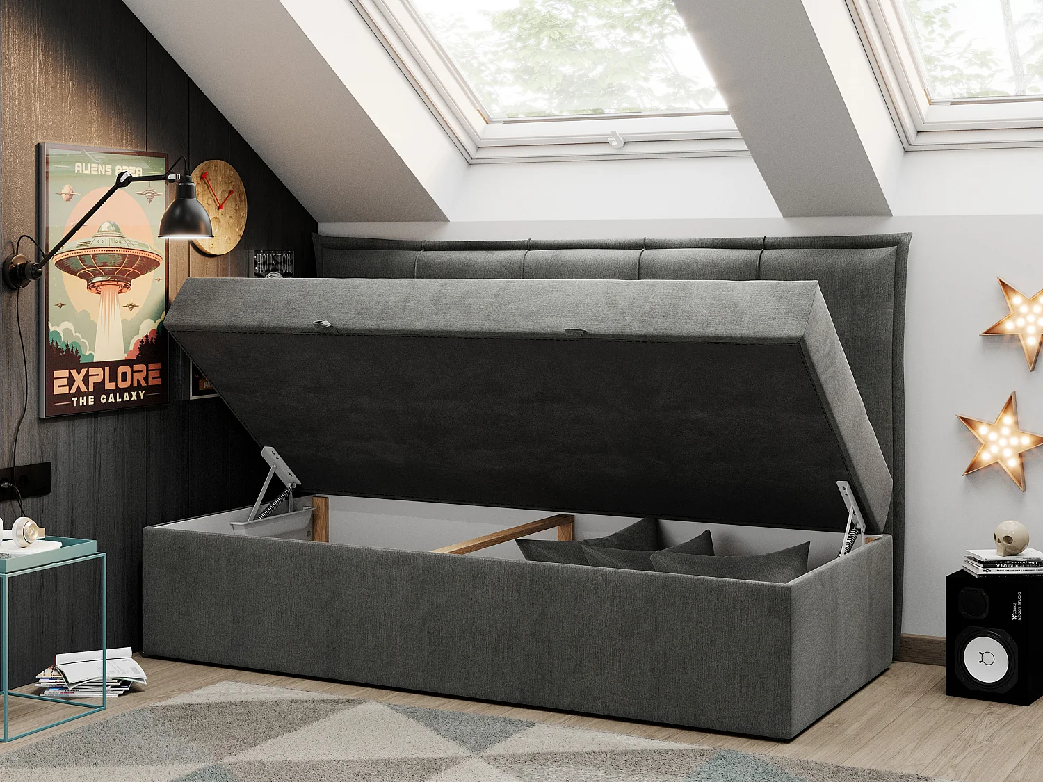 Kinderbett BANCO - Einzelbett für Jugendliche, Set mit Kopfteil und Matratze, Boxspringbett, Bettkasten - 90x200 cm - Dunkelgrau Velvet