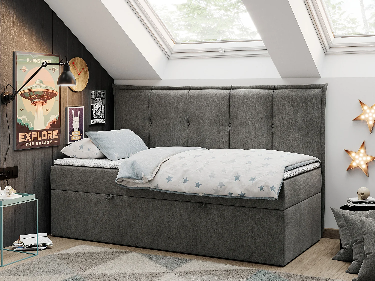 Kinderbett BANCO - Einzelbett für Jugendliche, Set mit Kopfteil und Matratze, Boxspringbett, Bettkasten - 90x200 cm - Dunkelgrau Velvet