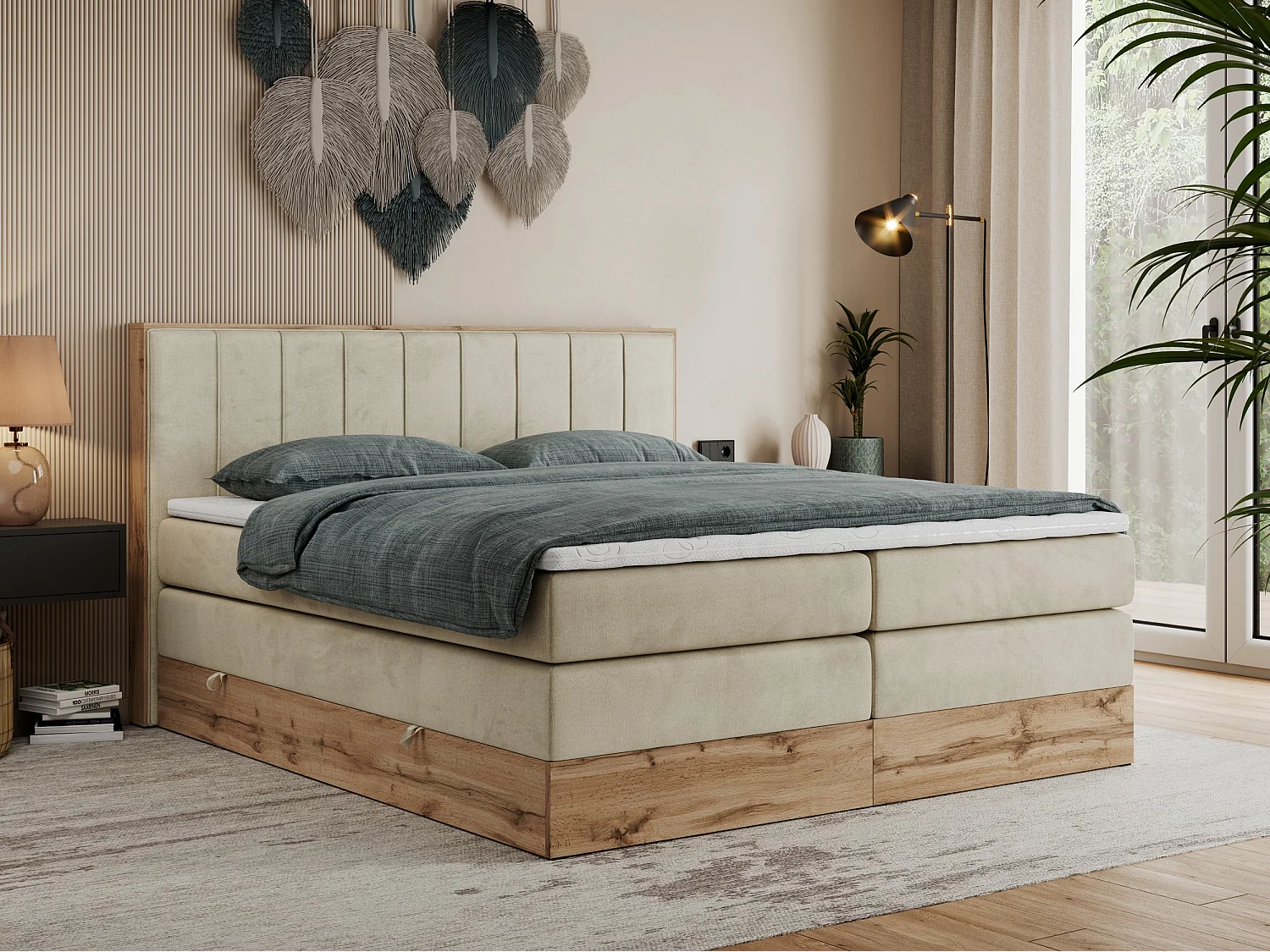 Boxspringbett BELLISSIMO KING - für Schlafzimmer, zwei Multipocket-Matratzen, Set mit Kopfteil und Topper, Holzrahmen - 180x200 cm - H4 - Beige Velvet