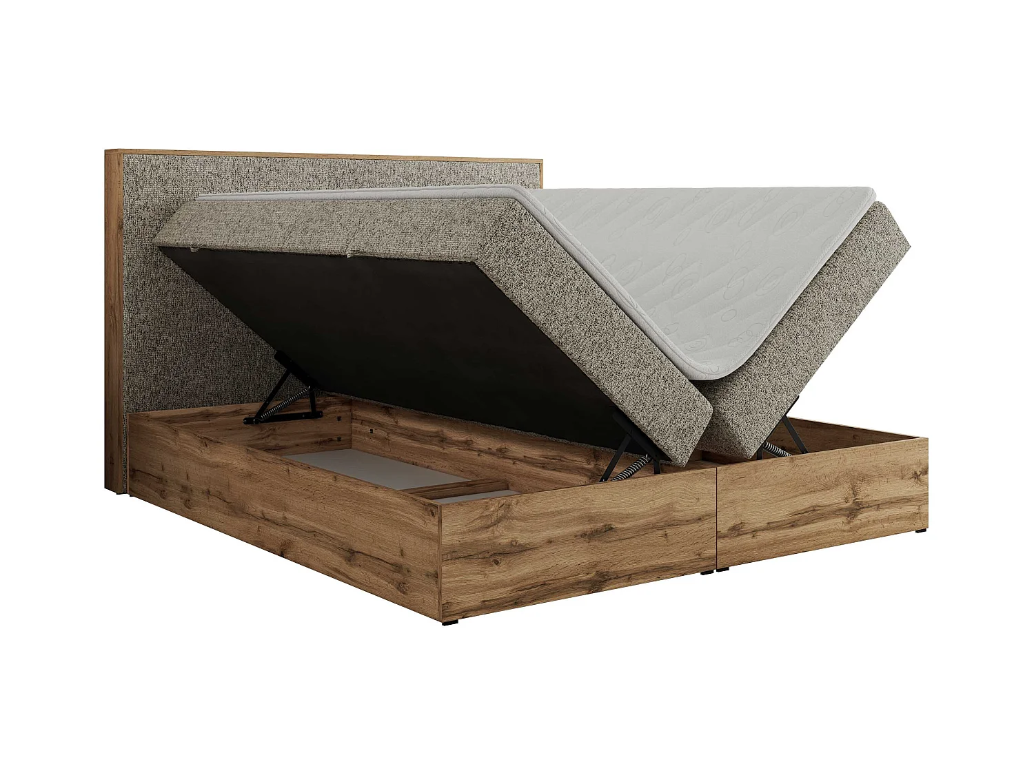 Boxspringbett WOOD CLASSIC - Doppelbett für Schlafzimmer, Set mit Multipocket-Matratze, Holzrahmen - 140x200 cm - H4 - Dunkelbeige Strukture