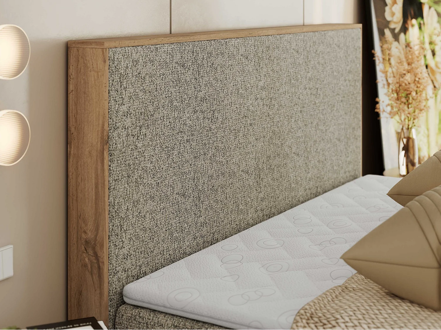 Boxspringbett WOOD CLASSIC - Doppelbett für Schlafzimmer, Set mit Multipocket-Matratze, Holzrahmen - 140x200 cm - H4 - Dunkelbeige Strukture