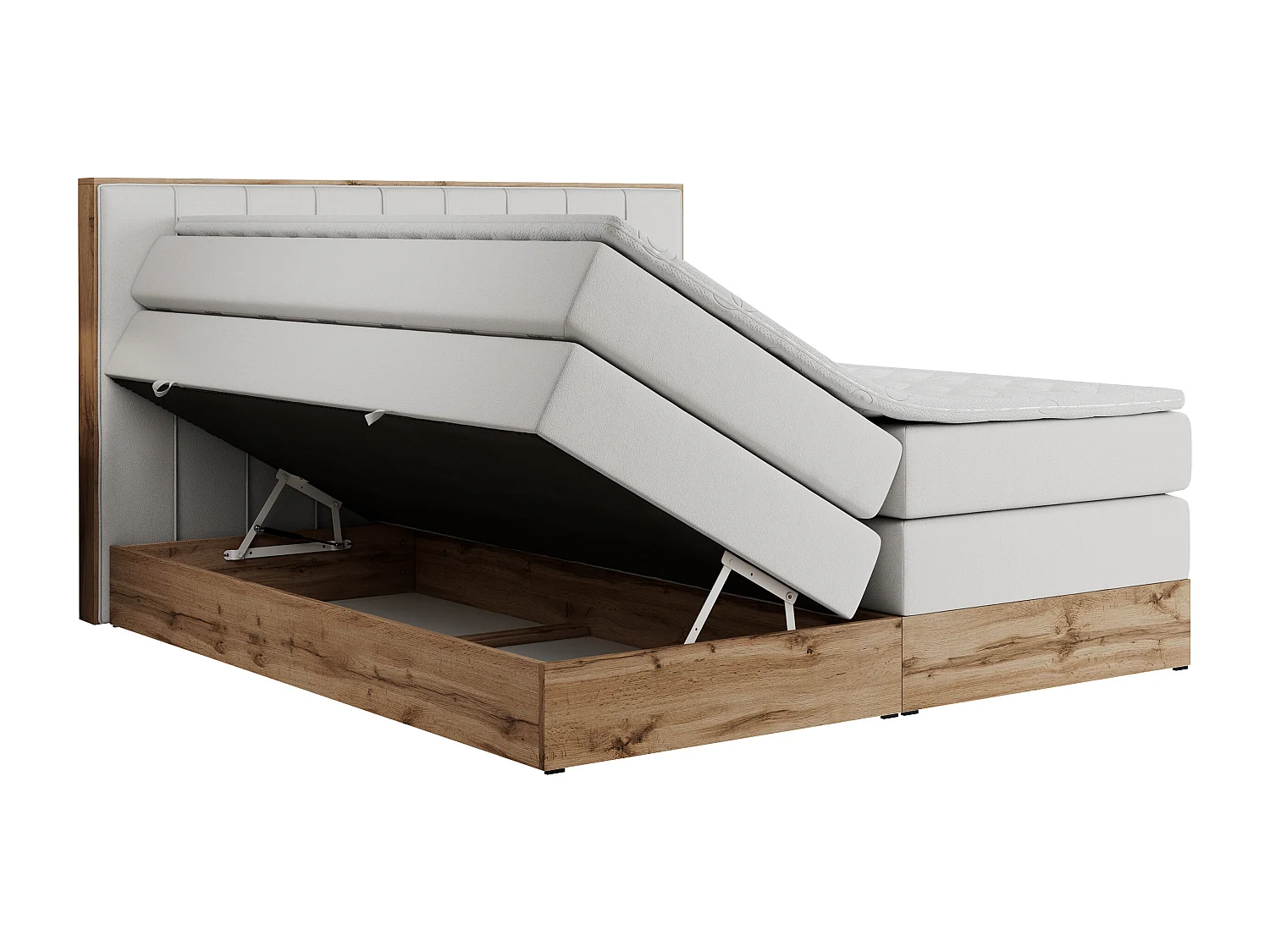 Boxspringbett BELLISSIMO KING - für Schlafzimmer, zwei Multipocket-Matratzen, Set mit Kopfteil und Topper, Holzrahmen - 180x200 cm - H4 - Weiß Kunstleder