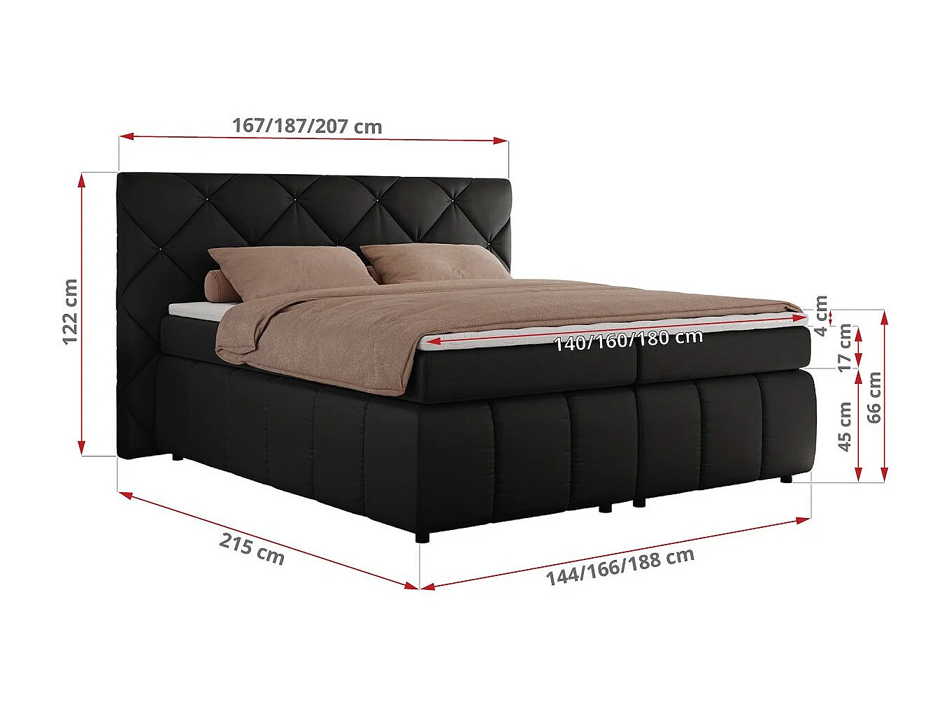 Boxspringbett RITA - Set mit Kopfteil, Multipocket-Matratze und Topper, Doppelbett für Schlafzimmer - 160x200 cm - H4 - Schwarz Kunstleder