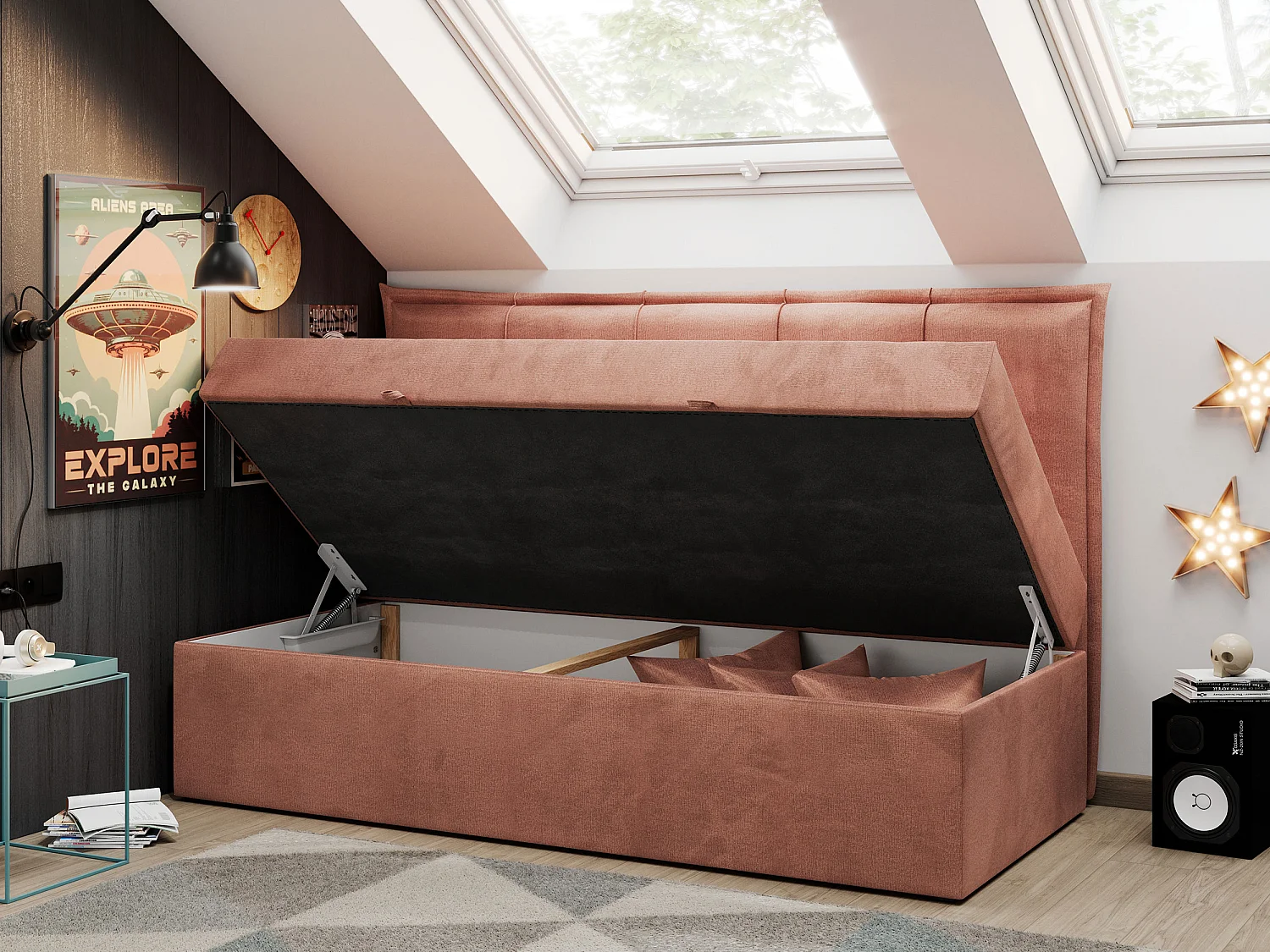 Kinderbett BANCO - Einzelbett für Jugendliche, Set mit Kopfteil und Matratze, Boxspringbett, Bettkasten - 90x200 cm - Orange Velvet