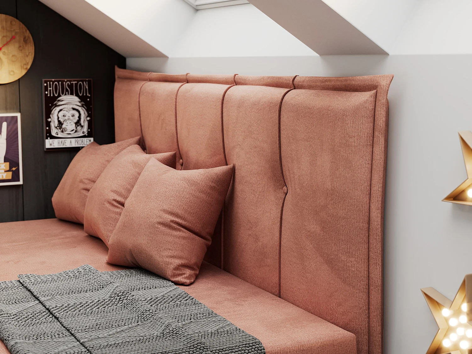 Kinderbett BANCO - Einzelbett für Jugendliche, Set mit Kopfteil und Matratze, Boxspringbett, Bettkasten - 90x200 cm - Orange Velvet