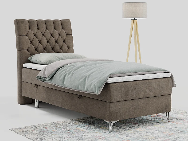 Boxspringbett MILEN - Polsterbett auf Metallbeine, Set mit Multipocket-Matratze, Gesteppte Kopfstütze - 90x200 cm - H4 - Braun Velvet - Links Seite