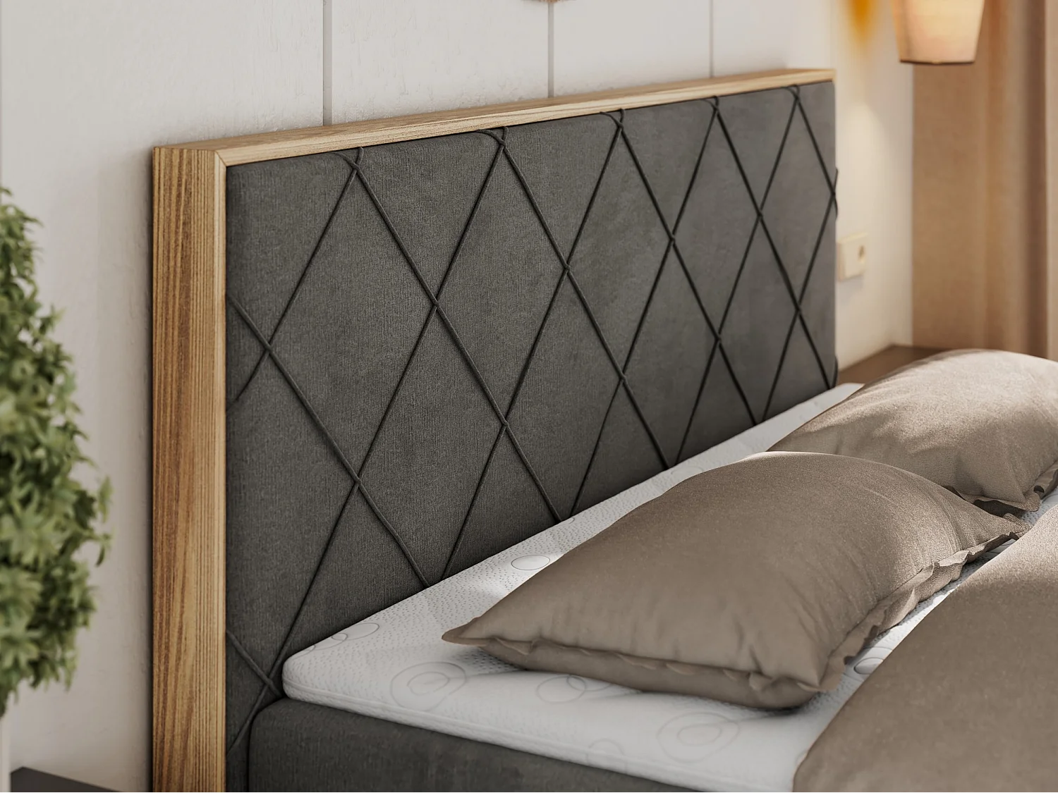 Boxspringbett CAICOS - mit gestepptem Kopfteil, Multipocket-Matratze und Topper, Holzelementen - 180x200 cm - H3 - Dunkelgrau Velvet