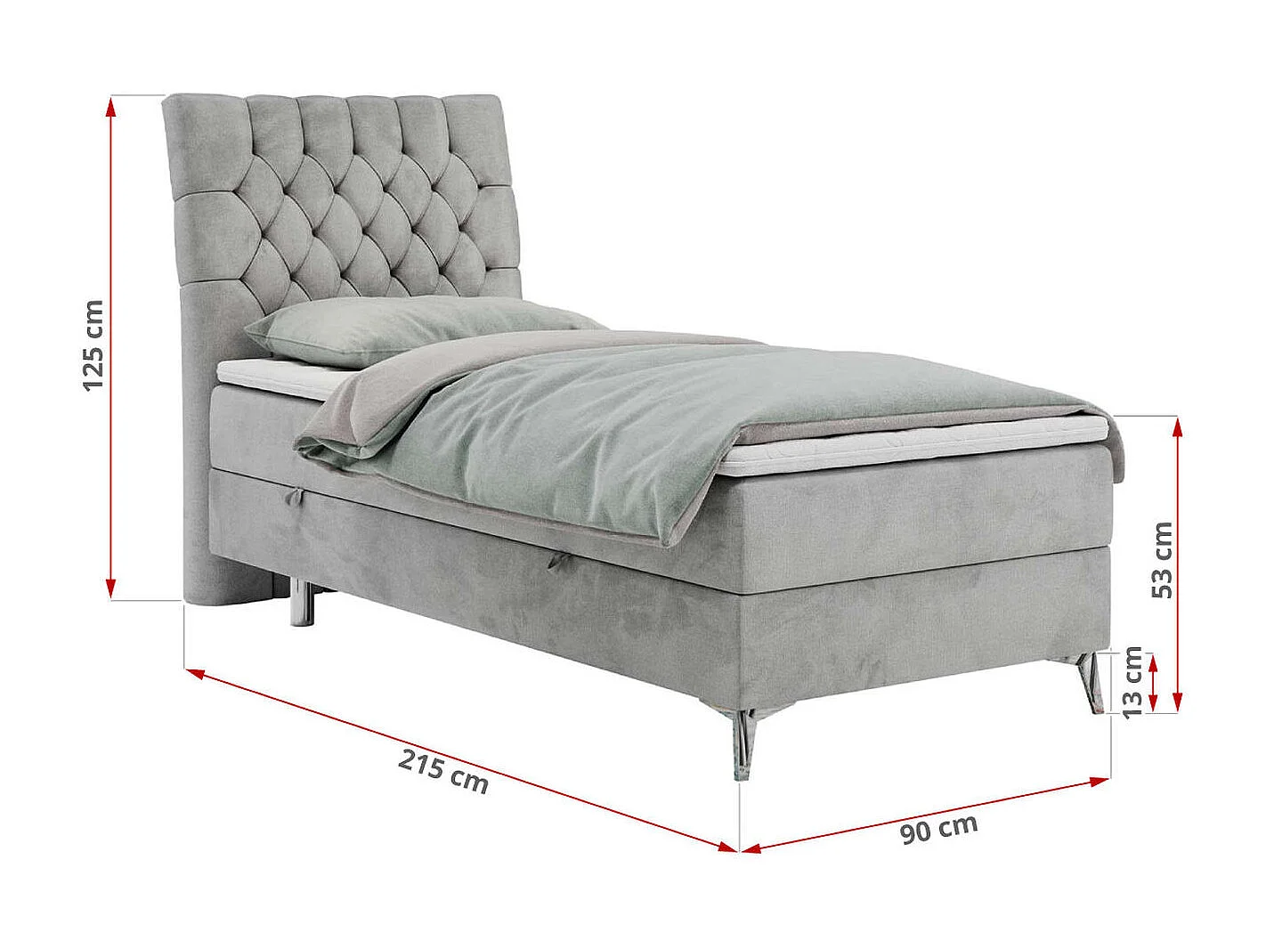 Boxspringbett MILEN - Polsterbett auf Metallbeine, Set mit Multipocket-Matratze, Gesteppte Kopfstütze - 90x200 cm - H3 - Hellgrau Velvet - Rechts Seite