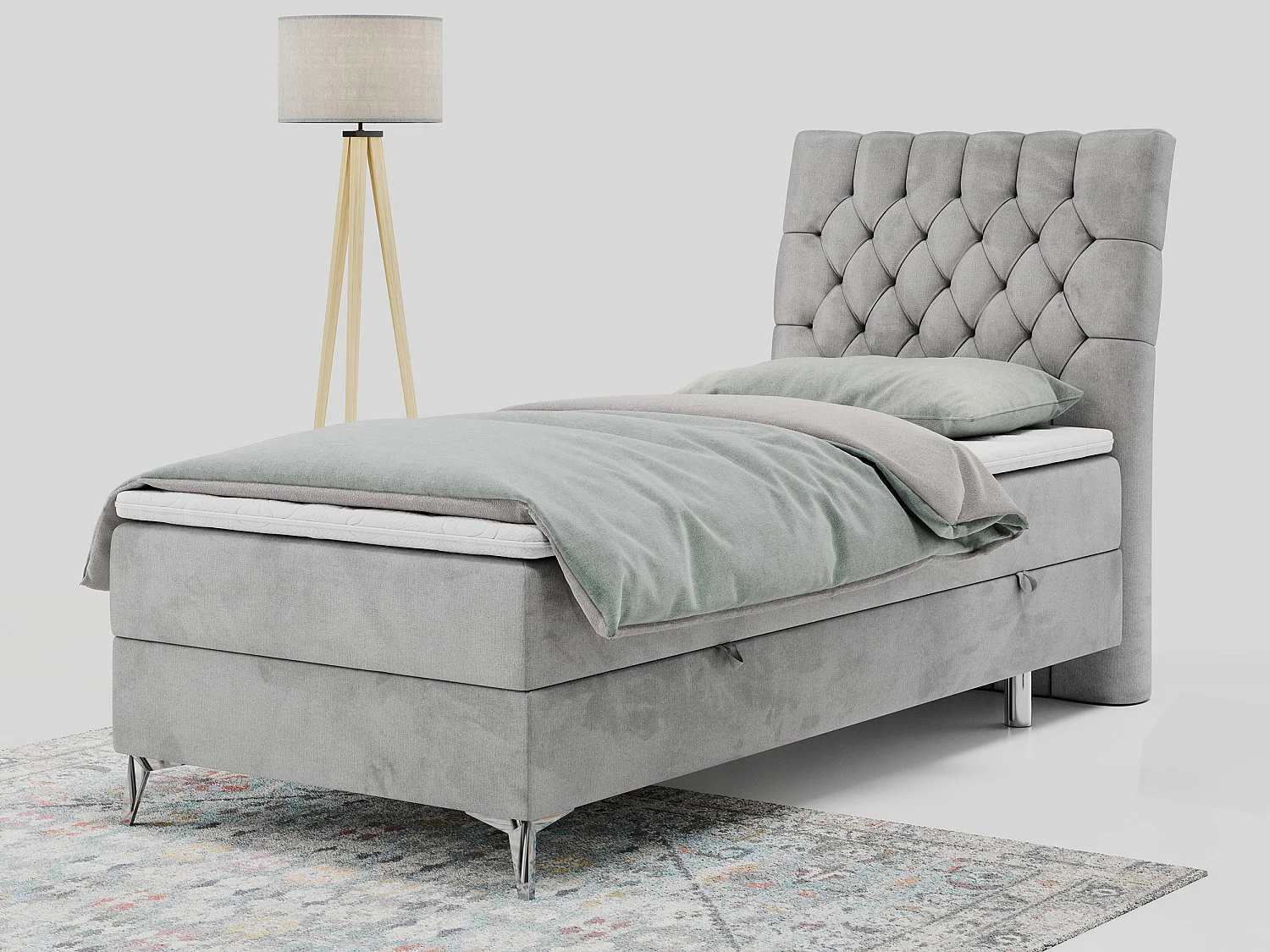 Boxspringbett MILEN - Polsterbett auf Metallbeine, Set mit Multipocket-Matratze, Gesteppte Kopfstütze - 90x200 cm - H3 - Hellgrau Velvet - Rechts Seite