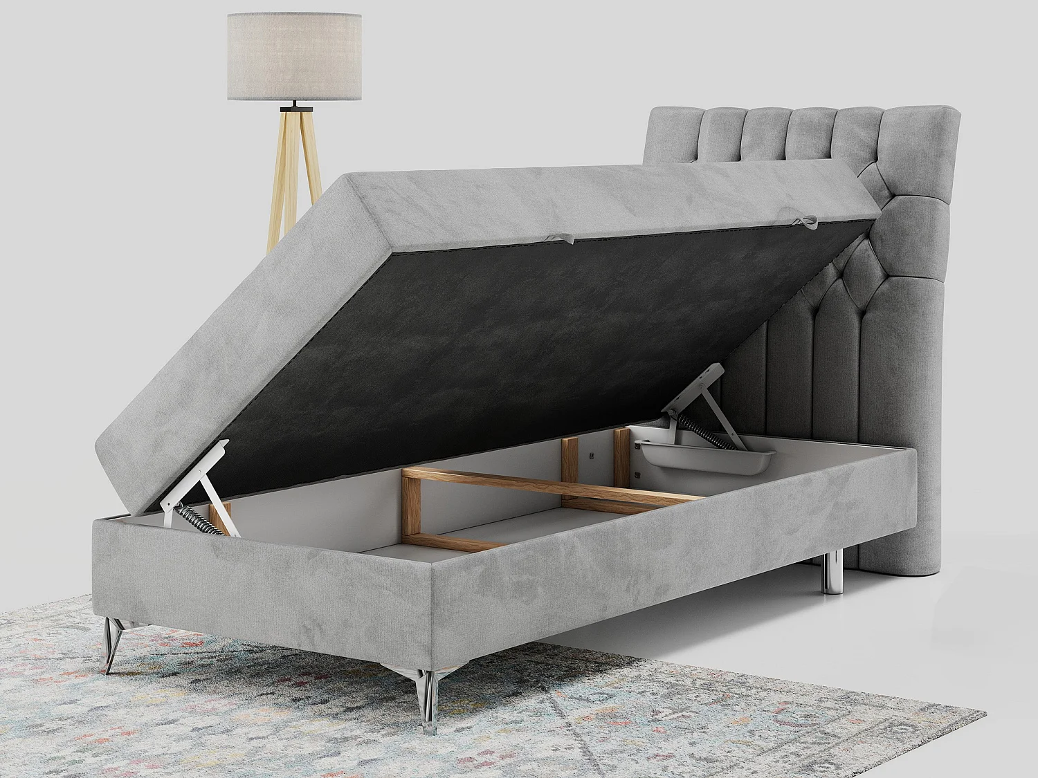 Boxspringbett MILEN - Polsterbett auf Metallbeine, Set mit Multipocket-Matratze, Gesteppte Kopfstütze - 90x200 cm - H3 - Hellgrau Velvet - Rechts Seite