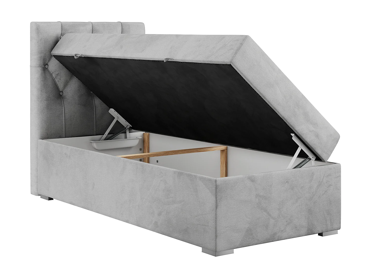 Boxspringbett ALDA - Einzelbett mit gestepptem Kopfteil, Multipocket-Matratze und Topper, Bettkasten - 90x200 cm - H3 - Hellgrau Velvet - Links Seite