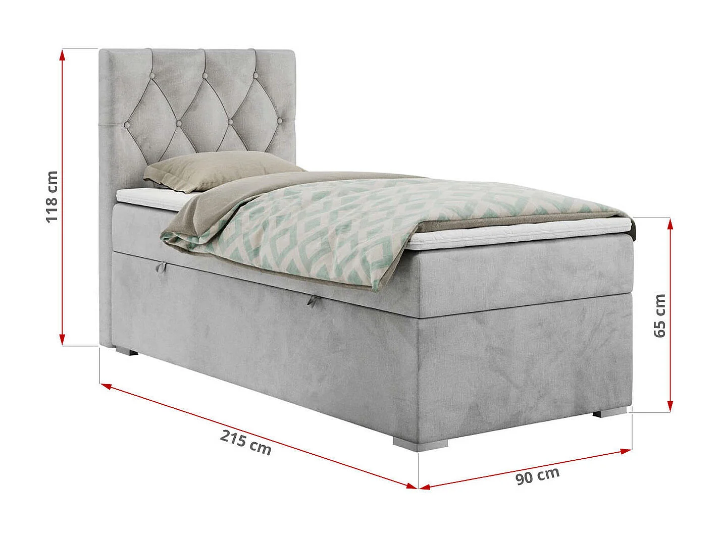 Boxspringbett ALDA - Einzelbett mit gestepptem Kopfteil, Multipocket-Matratze und Topper, Bettkasten - 90x200 cm - H3 - Hellgrau Velvet - Links Seite