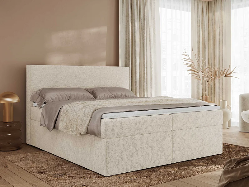 Boxspringbett JAGUAR - Doppelbett mit Multipocket-Matratze und Topper, Struktur dekostoff, zwei Bettkästen - 140x200 cm - H4 - Hellbeige Struktur