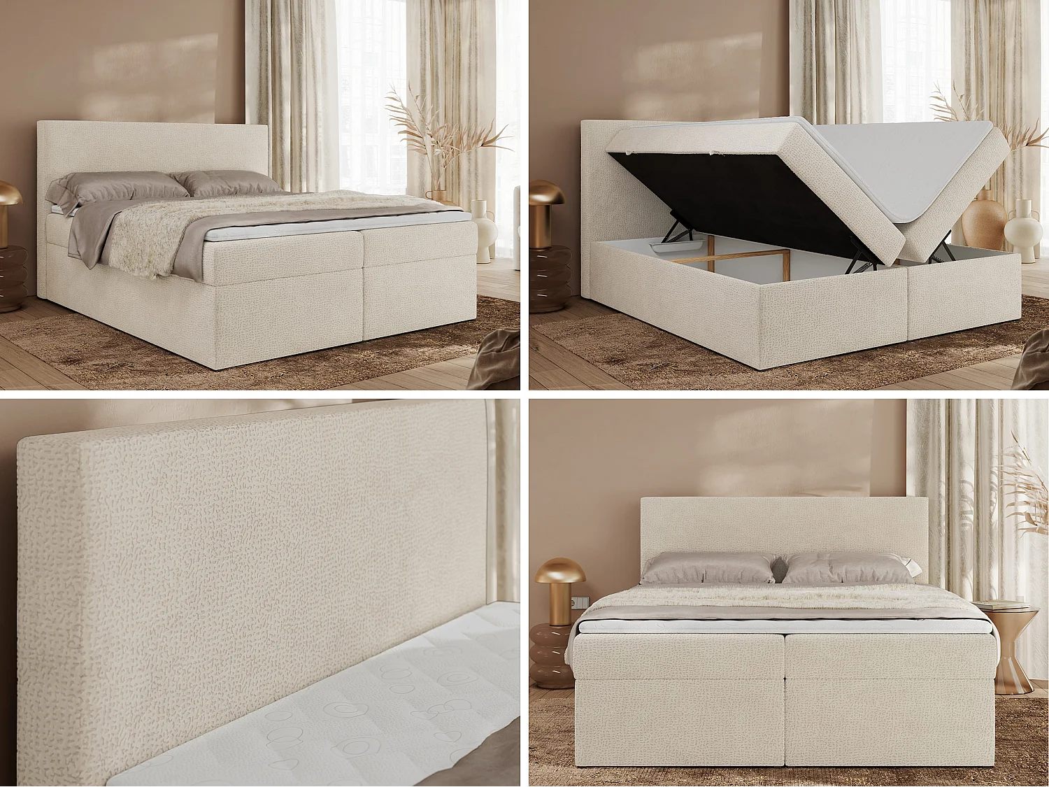 Boxspringbett JAGUAR - Doppelbett mit Multipocket-Matratze und Topper, Struktur dekostoff, zwei Bettkästen - 140x200 cm - H4 - Hellbeige Struktur