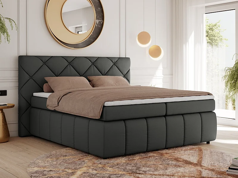 Boxspringbett RITA - Set mit Kopfteil, Multipocket-Matratze und Topper, Doppelbett für Schlafzimmer - 180x200 cm - H4 - Dunkelgrau Kunstleder