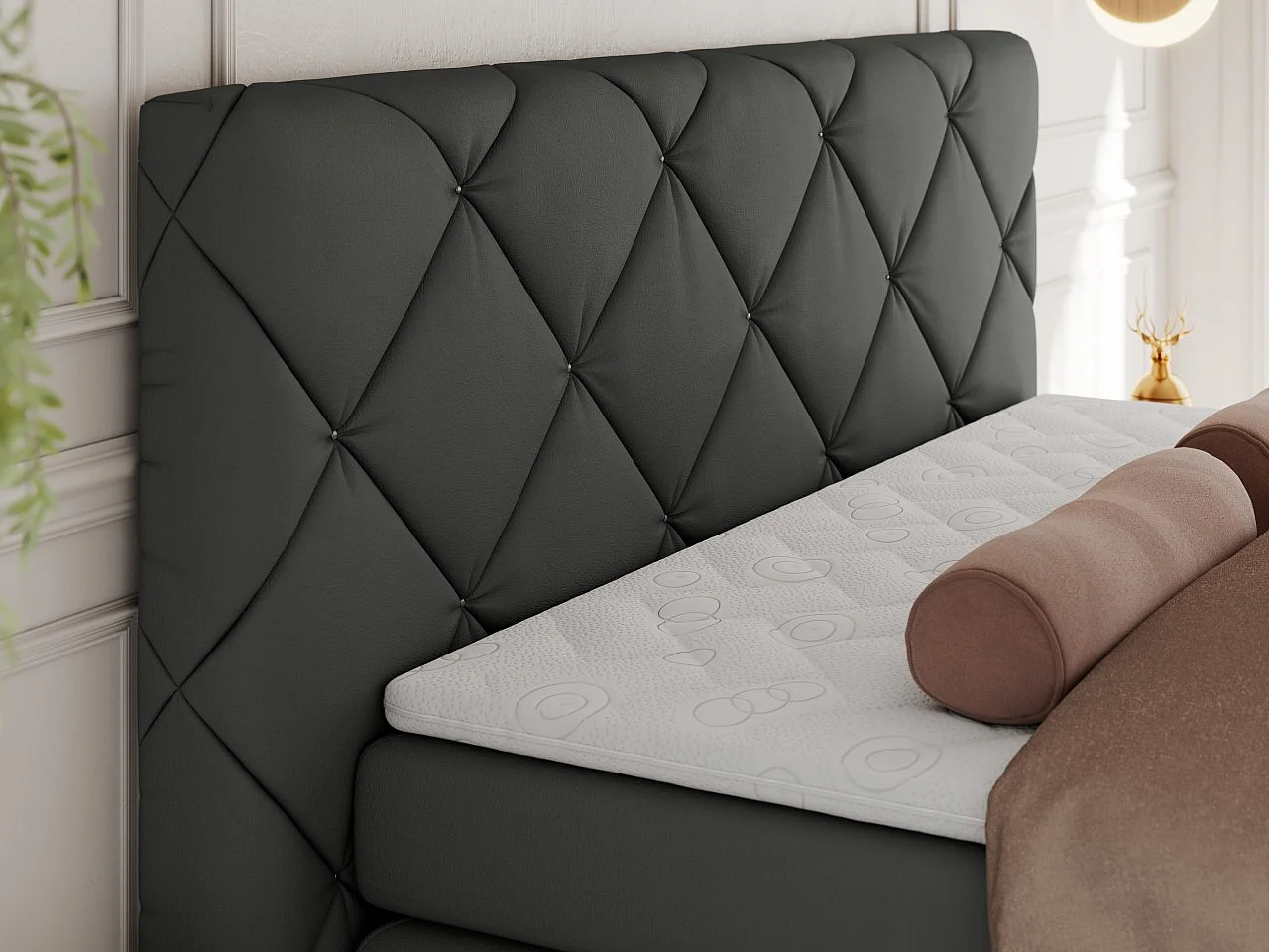 Boxspringbett RITA - Set mit Kopfteil, Multipocket-Matratze und Topper, Doppelbett für Schlafzimmer - 180x200 cm - H4 - Dunkelgrau Kunstleder