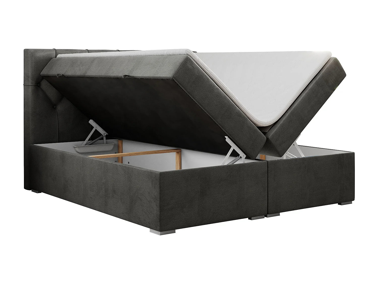 Boxspringbett ALDA - Doppelbett mit gestepptem Kopfteil, Multipocket-Matratze und Topper, zwei Bettkästen - 180x200 cm - H4 - Dunkelgrau Velvet