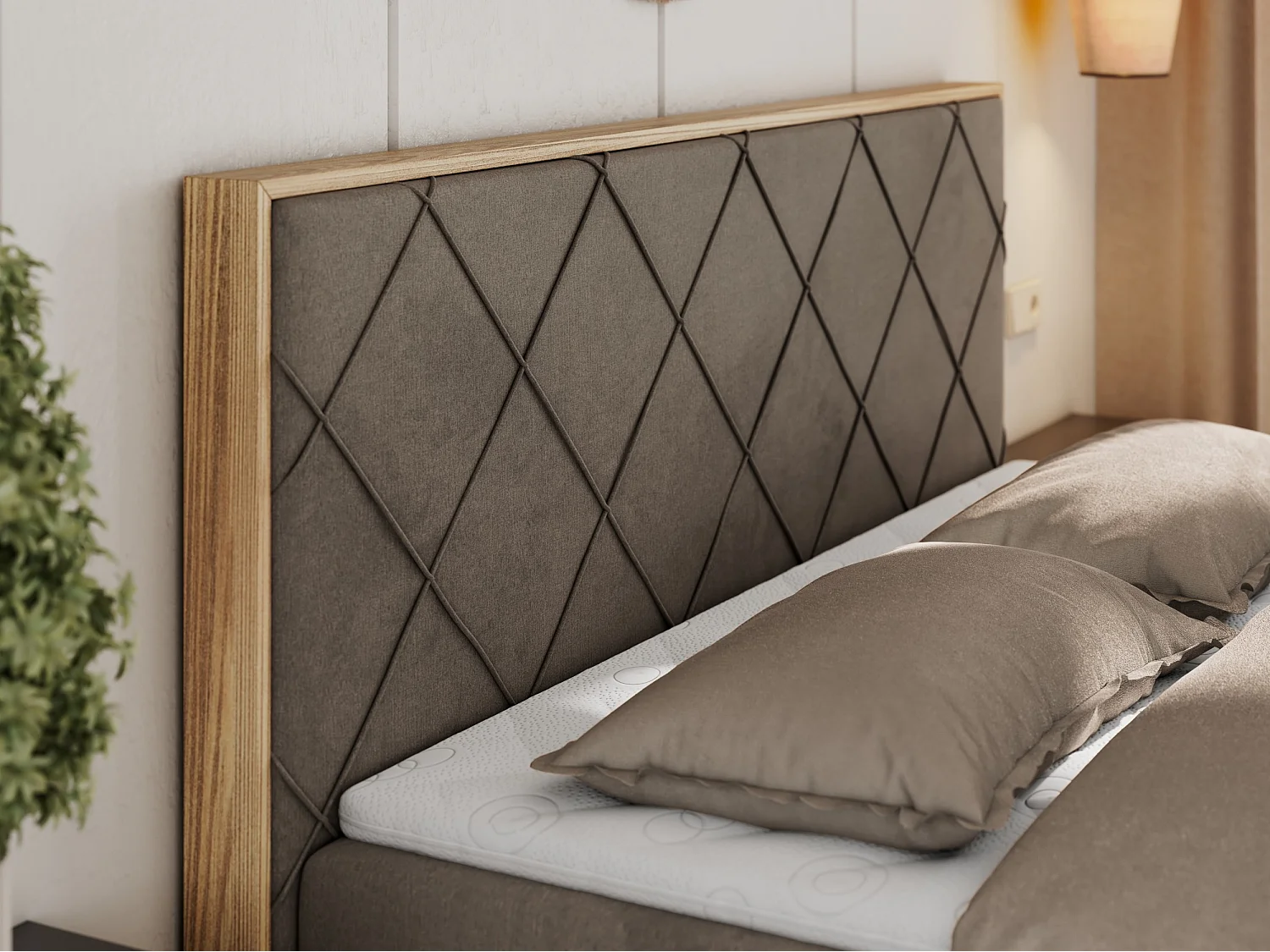 Boxspringbett CAICOS - mit gestepptem Kopfteil, Multipocket-Matratze und Topper, Holzelementen - 160x200 cm - H3 - Braun Velvet