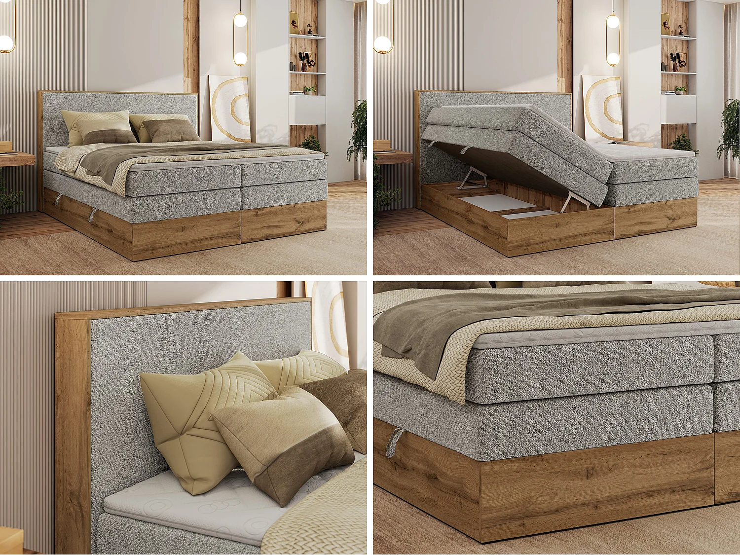 Boxspringbett WOOD CLASSIC KING - Polsterbett mit hohe Kopfteil, zwei Multipocket-Matratze, Bettkästen - 200x200 cm - H3 - Hellgrau Strukture