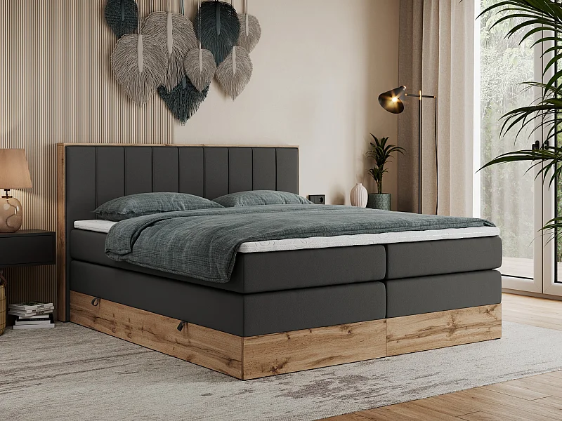 Boxspringbett BELLISSIMO KING - für Schlafzimmer, zwei Multipocket-Matratzen, Set mit Kopfteil und Topper, Holzrahmen - 160x200 cm - H4 - Dunkelgrau Kunstleder