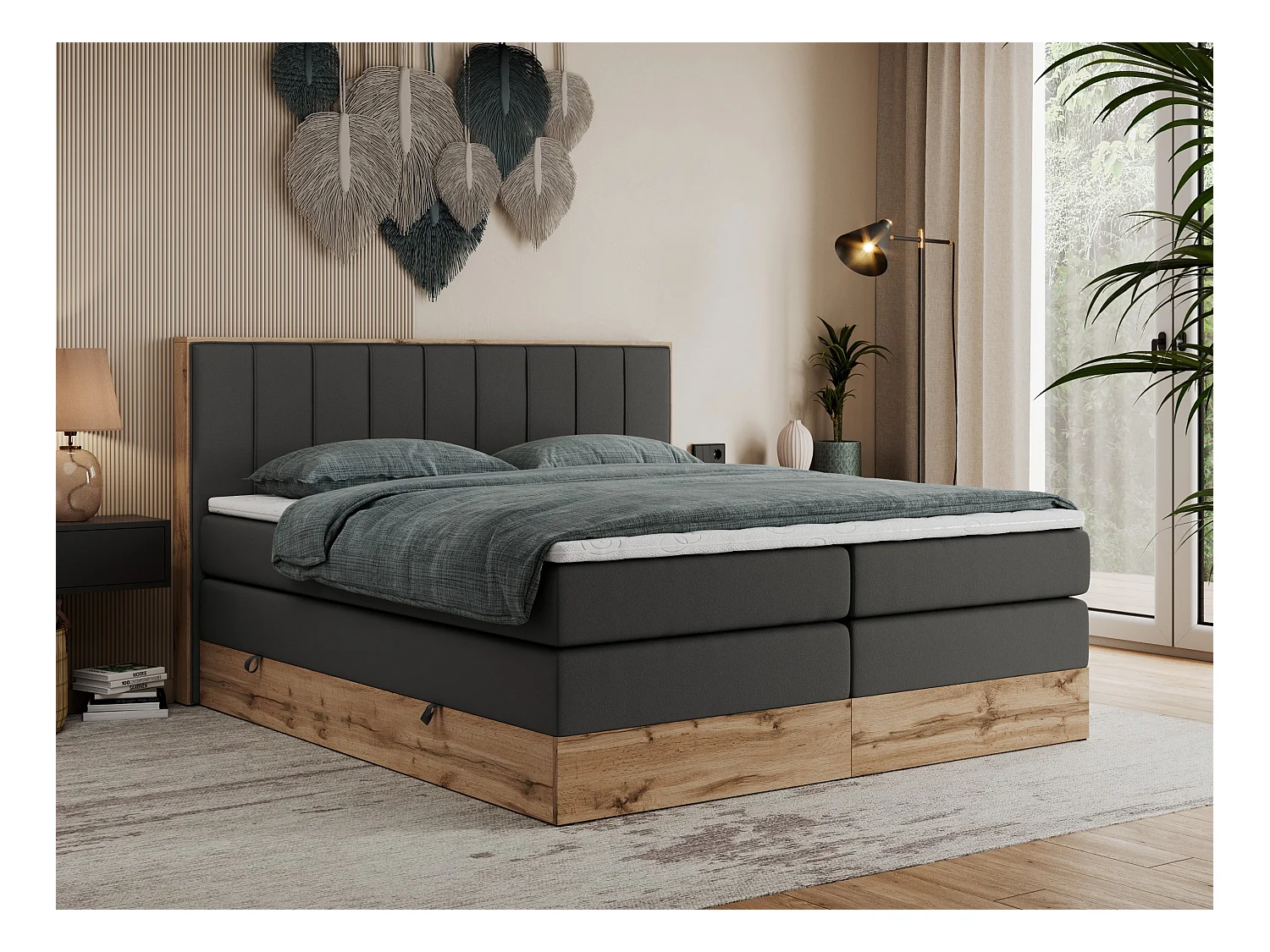 Boxspringbett BELLISSIMO KING - für Schlafzimmer, zwei Multipocket-Matratzen, Set mit Kopfteil und Topper, Holzrahmen - 160x200 cm - H4 - Dunkelgrau Kunstleder