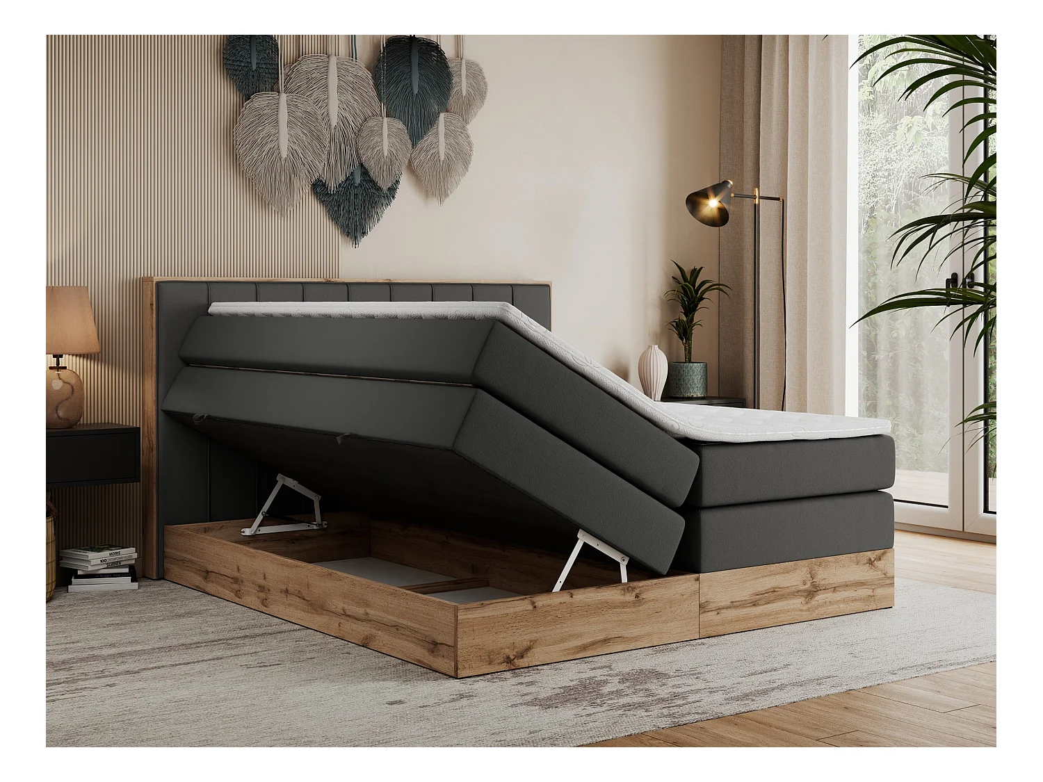 Boxspringbett BELLISSIMO KING - für Schlafzimmer, zwei Multipocket-Matratzen, Set mit Kopfteil und Topper, Holzrahmen - 160x200 cm - H4 - Dunkelgrau Kunstleder
