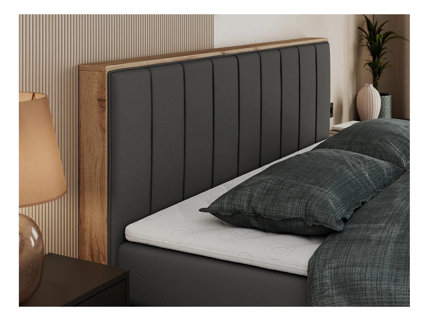 Boxspringbett BELLISSIMO KING - für Schlafzimmer, zwei Multipocket-Matratzen, Set mit Kopfteil und Topper, Holzrahmen - 160x200 cm - H4 - Dunkelgrau Kunstleder