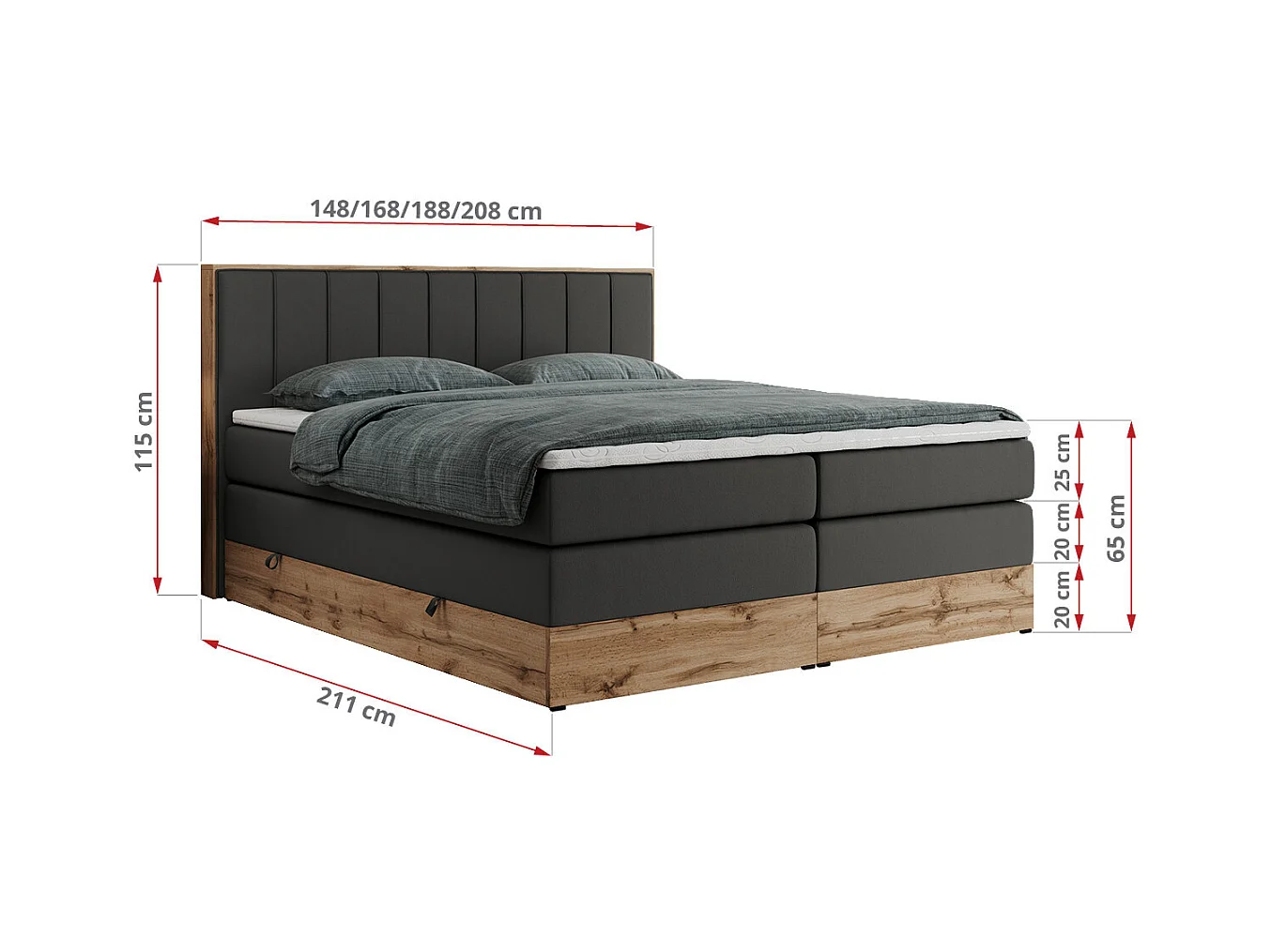 Boxspringbett BELLISSIMO KING - für Schlafzimmer, zwei Multipocket-Matratzen, Set mit Kopfteil und Topper, Holzrahmen - 160x200 cm - H4 - Dunkelgrau Kunstleder