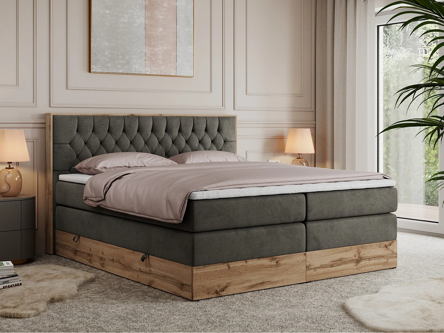 Boxspringbett AMORE KING - gesteppte Kopfstütze, Polsterbett mit zwei Multipocket-Matratzen, Holzrahmen - 180x200 cm - H3 - Dunkelgrau Velvet