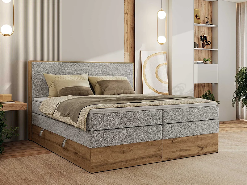 Boxspringbett WOOD CLASSIC KING - Polsterbett mit hohe Kopfteil, zwei Multipocket-Matratze, Bettkästen - 140x200 cm - H4 - Hellgrau Strukture