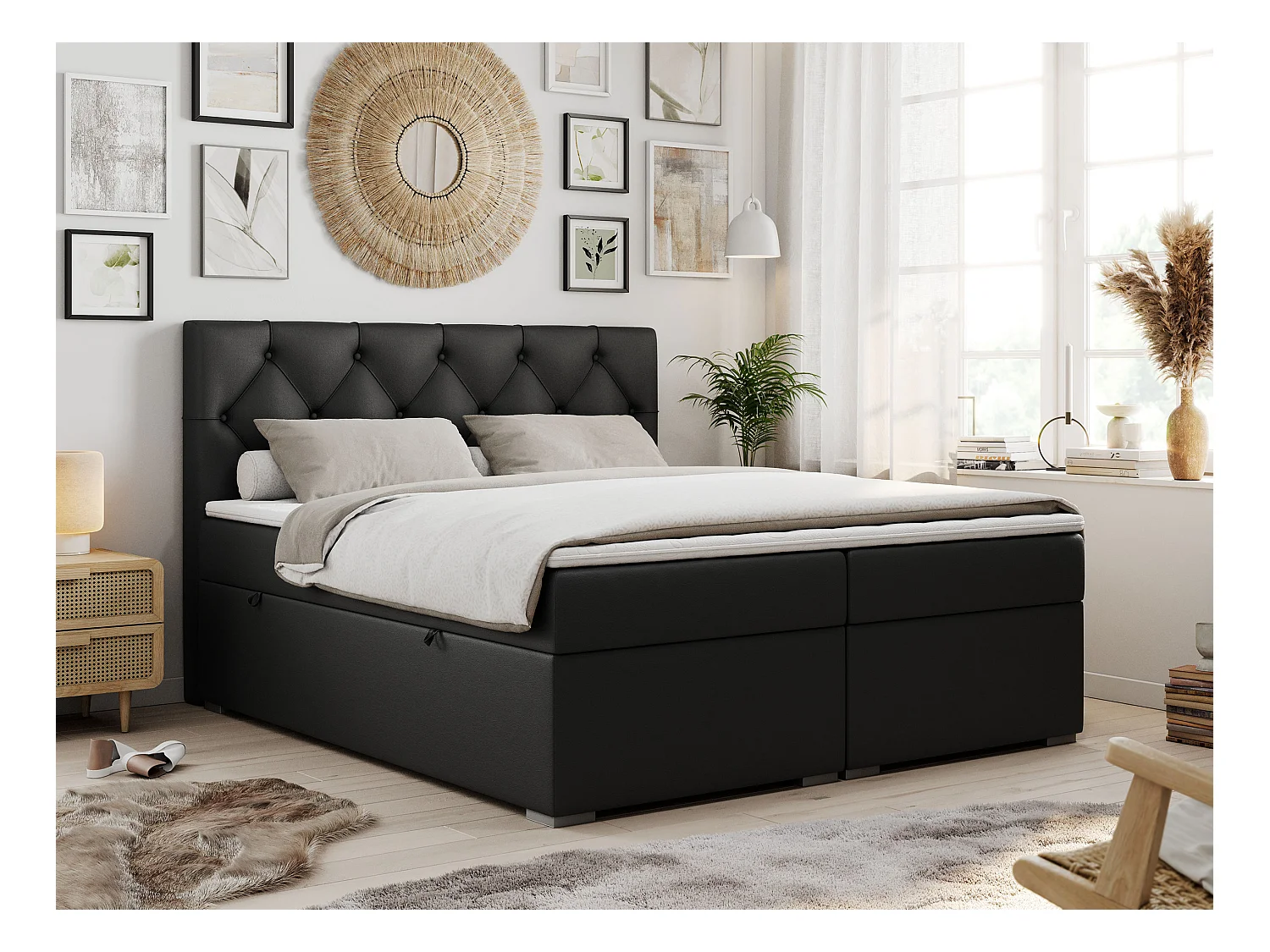 Boxspringbett ALDA - Doppelbett mit gestepptem Kopfteil, Multipocket-Matratze und Topper, zwei Bettkästen - 140x200 cm - H4 - Schwarz Kunstleder