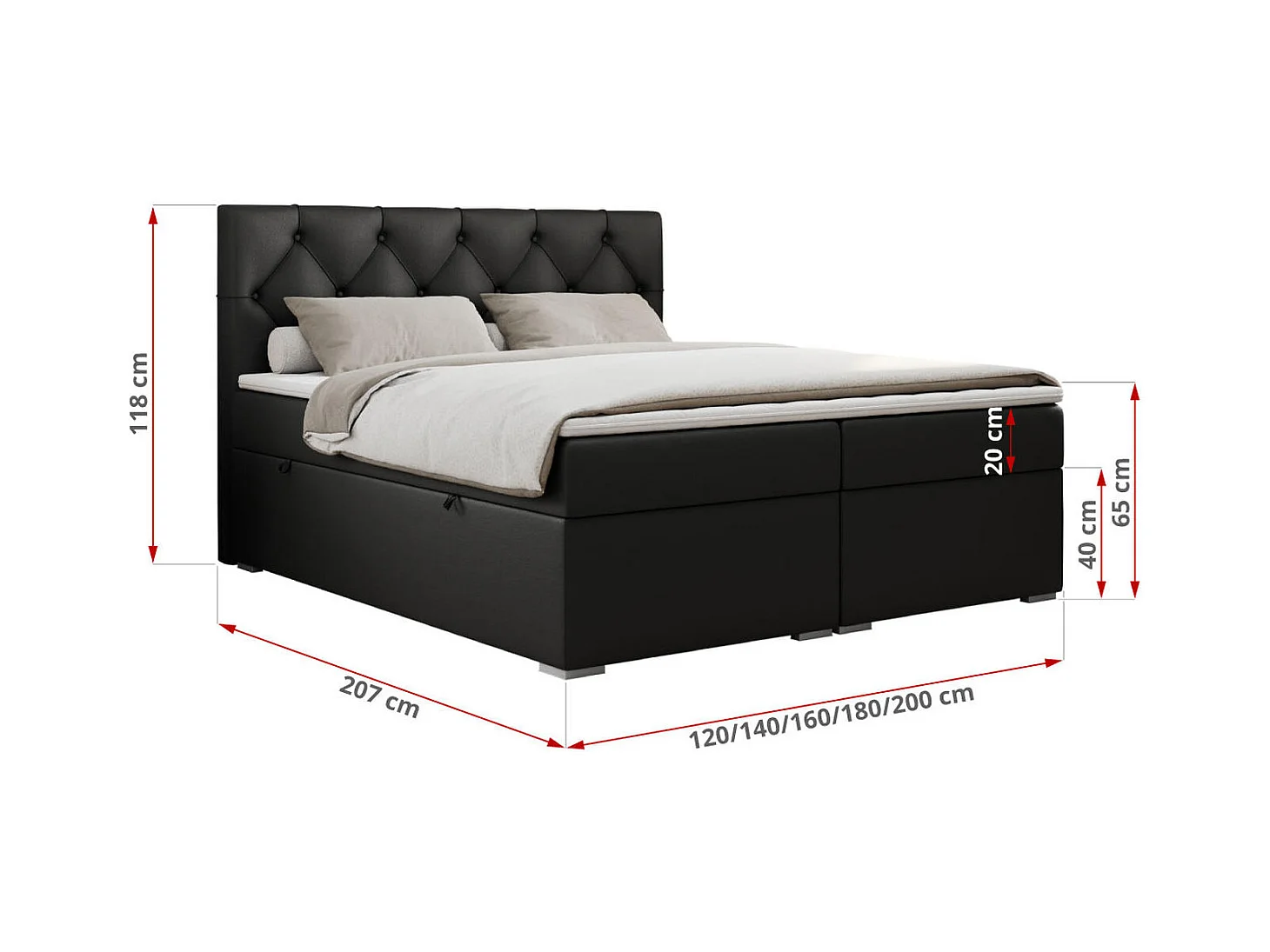 Boxspringbett ALDA - Doppelbett mit gestepptem Kopfteil, Multipocket-Matratze und Topper, zwei Bettkästen - 140x200 cm - H4 - Schwarz Kunstleder
